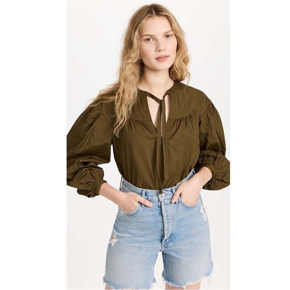 ULLA JOHNSON Delaney Balloon Sleeve Poplin Cotton Blouse in Olive Green Size 0 - Picture 14 of 14